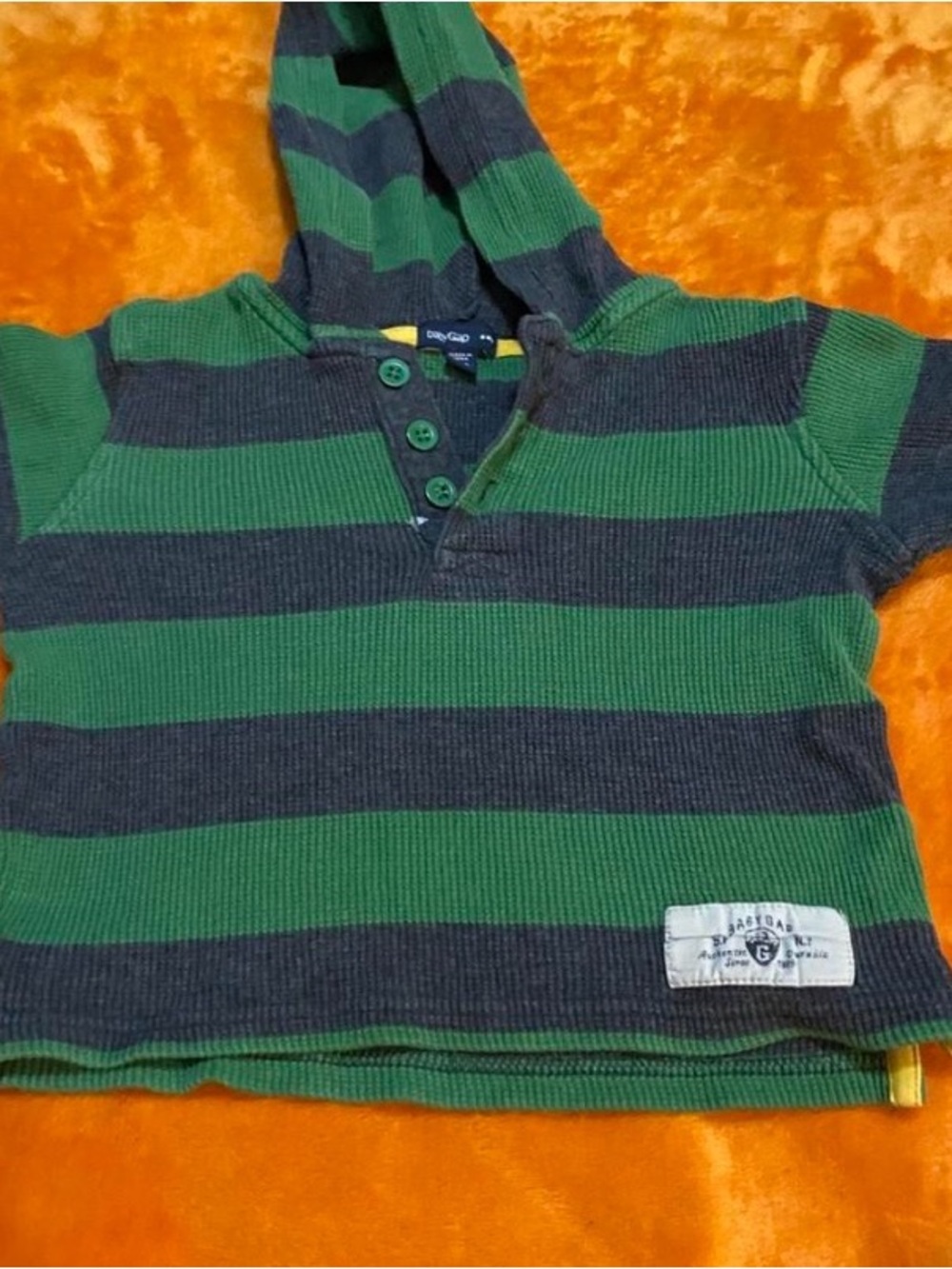GAP Kids Green and Gray Striped Hooded Button-Up Shirt